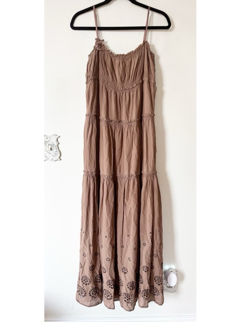 Vintage Y2K Juicy Couture Boho Brown Cotton Silk Tiered Smocked Maxi Sundress M